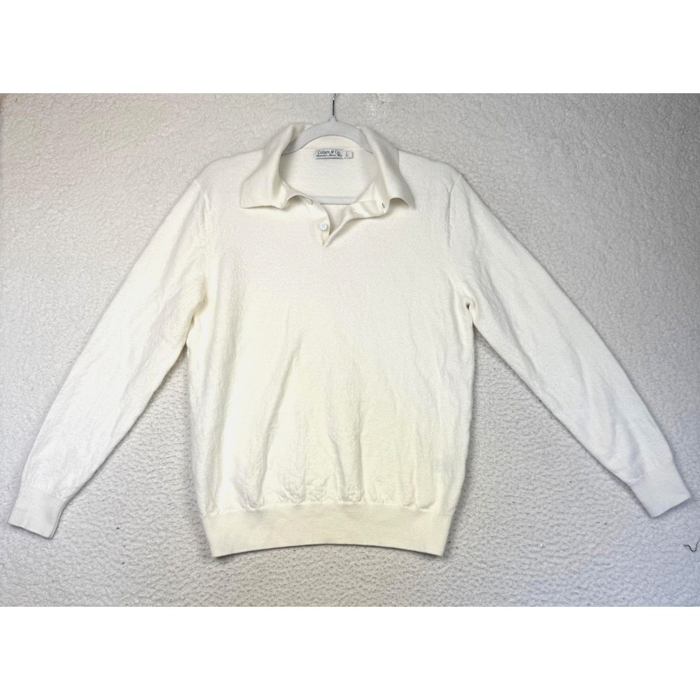 Collars & Co Sweater Mens Medium White Merino Wool Collared‎ Pullover Polo READ